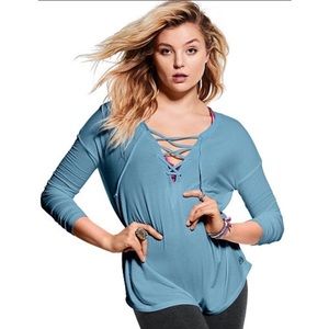 VS Pink Blue Lace Up Neck Shirt